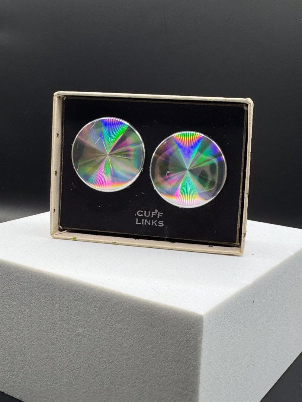 Vintage Rainbow Iridescent Cuff Links w Box Mid Century Retro